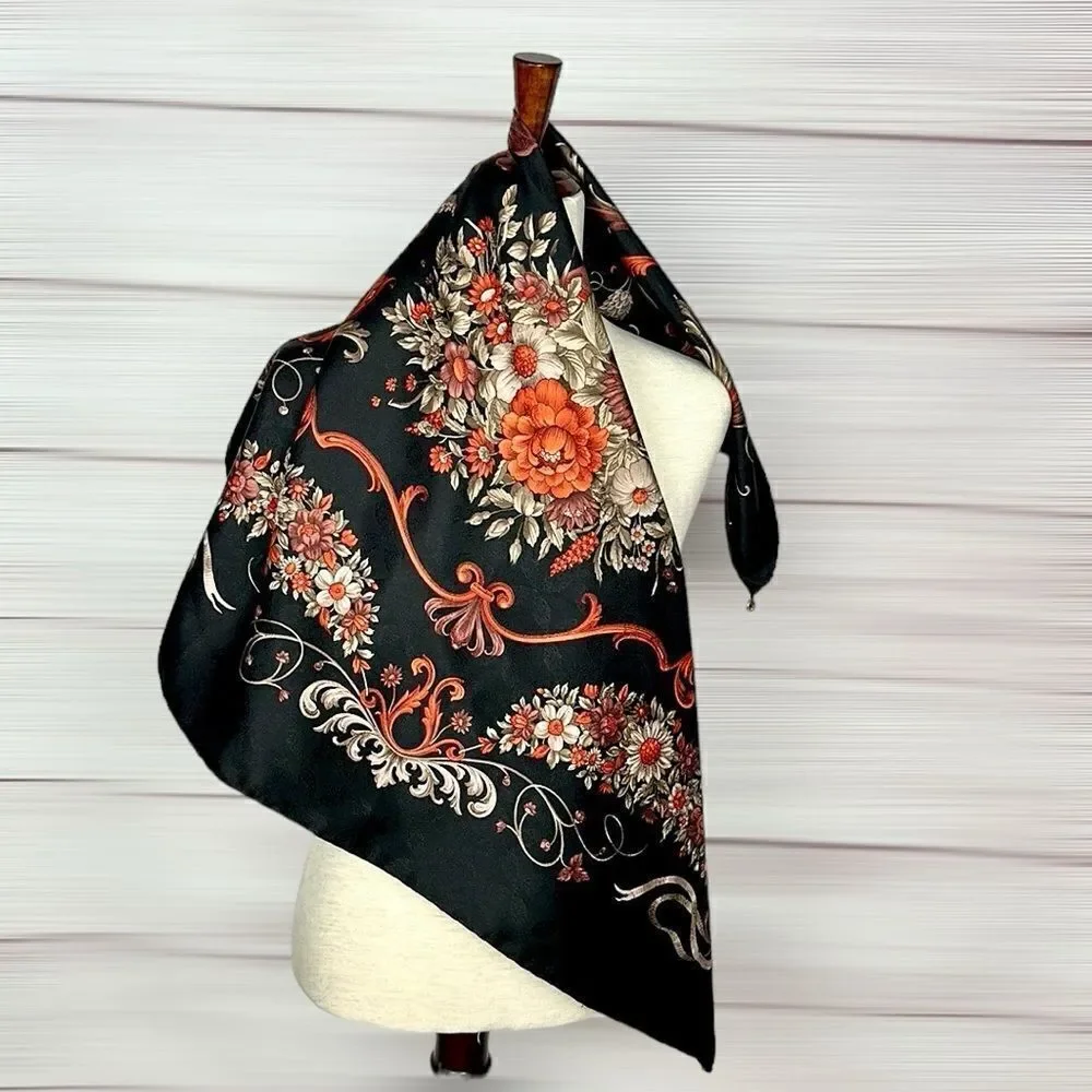 Marina D’Este Silk Scarf Black Burnt Orange Floral Hand Rolled